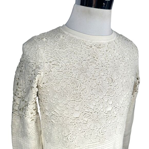 Tory Burch Sweatshirt Women’s Medium Knit Floral Lace Cream Ivory Off White - Picture 2 of 10